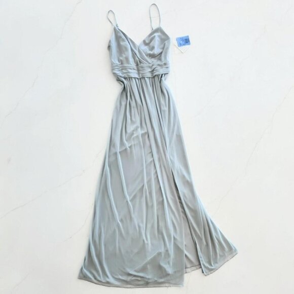 New David's Bridal Sz 6 Long Mystic Blue Ruched Slit Wedding Dress Gown Formal - Picture 1 of 11